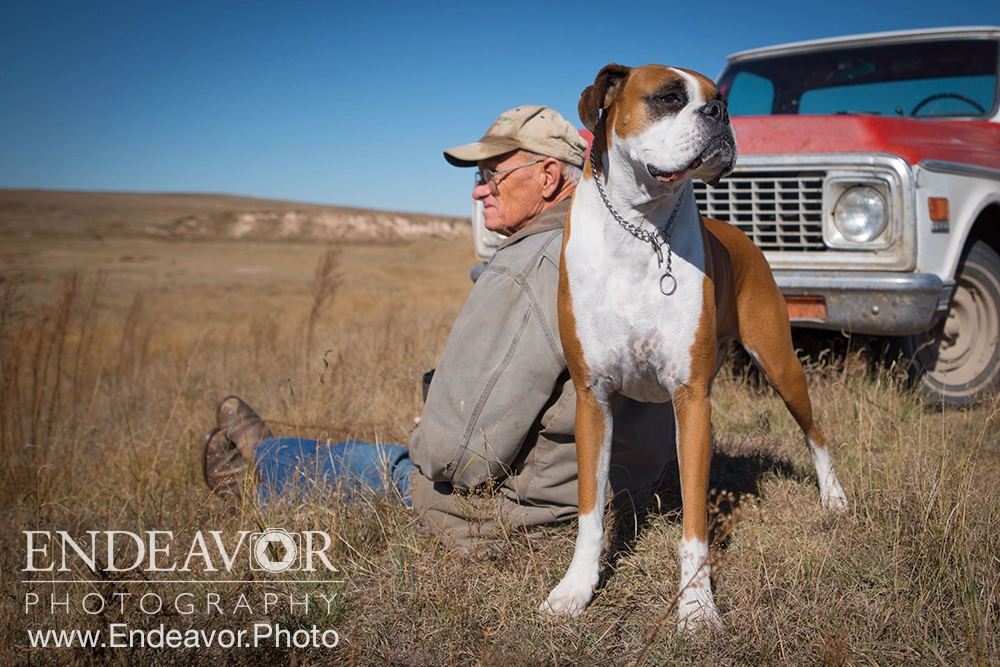 dog owner pickup photograph in field
